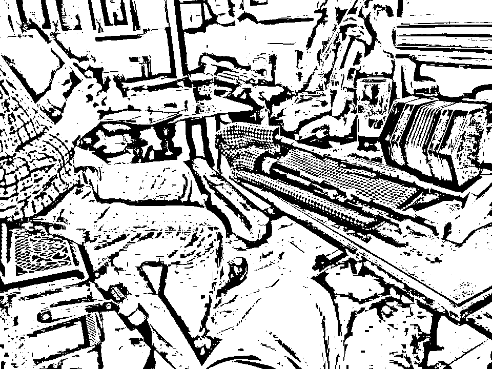 A stylised black and white picutre of musical instruments and musicians at the session
